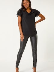 Roman Black Cowl Neck Shoulder Sequin Frill Top - Image 2 of 5