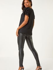 Roman Black Cowl Neck Shoulder Sequin Frill Top - Image 3 of 5