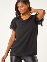 Roman Black Cowl Neck Shoulder Sequin Frill Top - Image 4 of 5