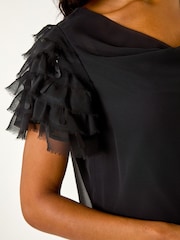 Roman Black Cowl Neck Shoulder Sequin Frill Top - Image 5 of 5