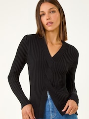 Roman Black Cable Split Detail Rib Jumper - Image 1 of 5