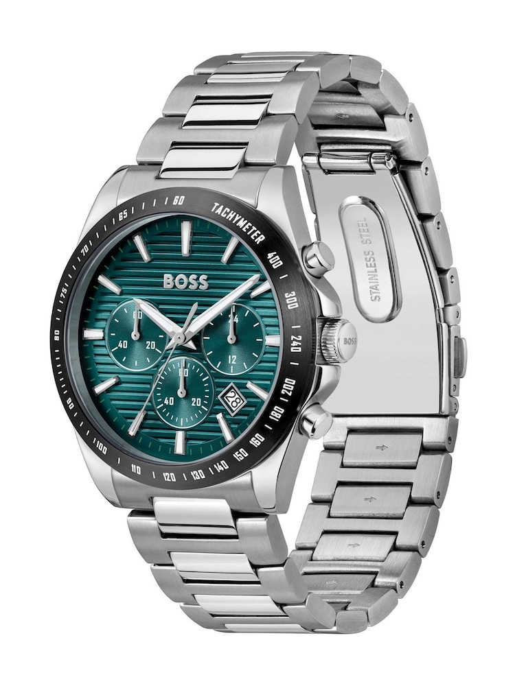 BOSS Silver Tone Strike Chronograph With Teal Dial Watch - Image 1 of 8 BOSS Silver Tone Strike Chronograph With Teal Dial Watch - Image 1 of 8