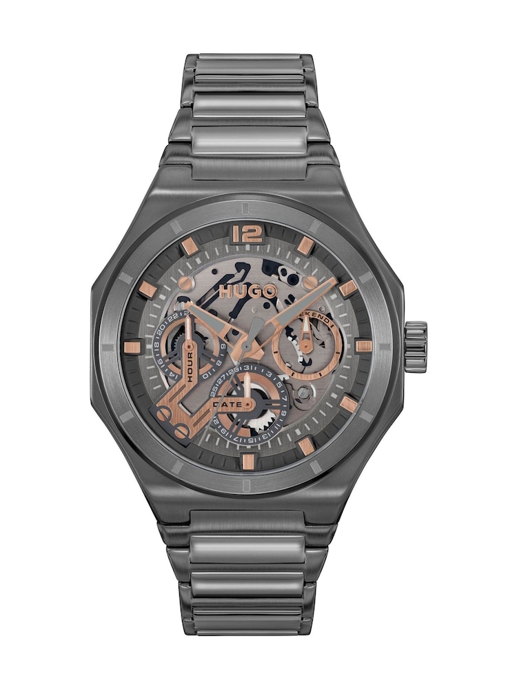 HUGO Grey Grail Skeleton IP Multifunction Bracelet Watch - Image 1 of 5 HUGO Grey Grail Skeleton IP Multifunction Bracelet Watch - Image 1 of 5
