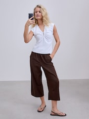 Chocolate Brown Stretch Linen Blend Culottes - Image 2 of 8