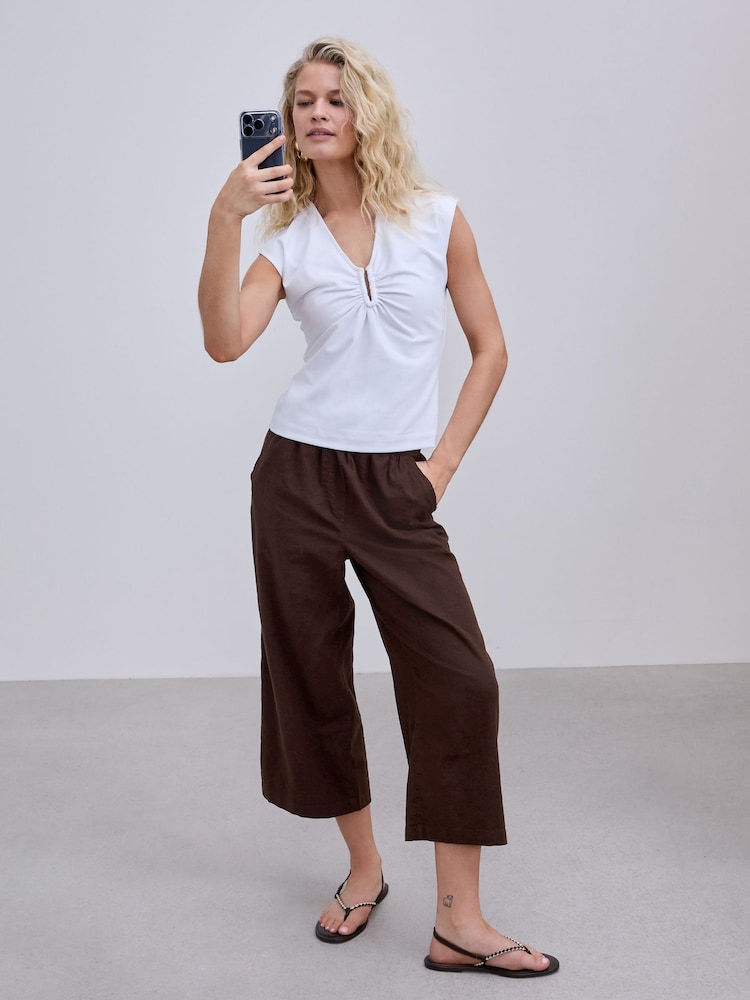 Chocolate Brown Stretch Linen Blend Culottes - Image 2 of 8