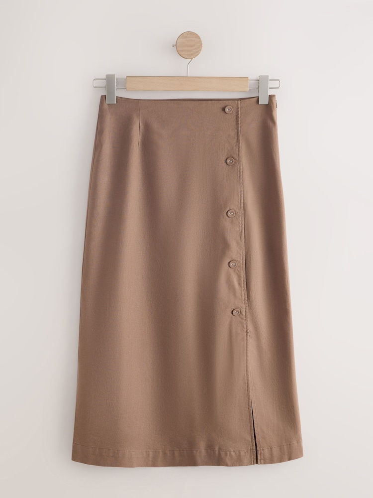 Mocha Brown Linen Rich Wrap Button Midi Skirt - Image 1 of 3