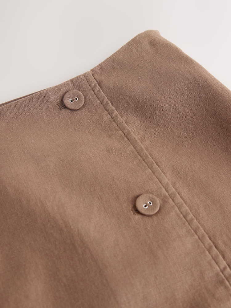 Mocha Brown Linen Rich Wrap Button Midi Skirt - Image 2 of 3