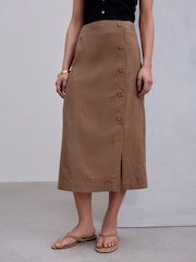 Mocha Brown Linen Rich Wrap Button Midi Skirt - Image 4 of 7
