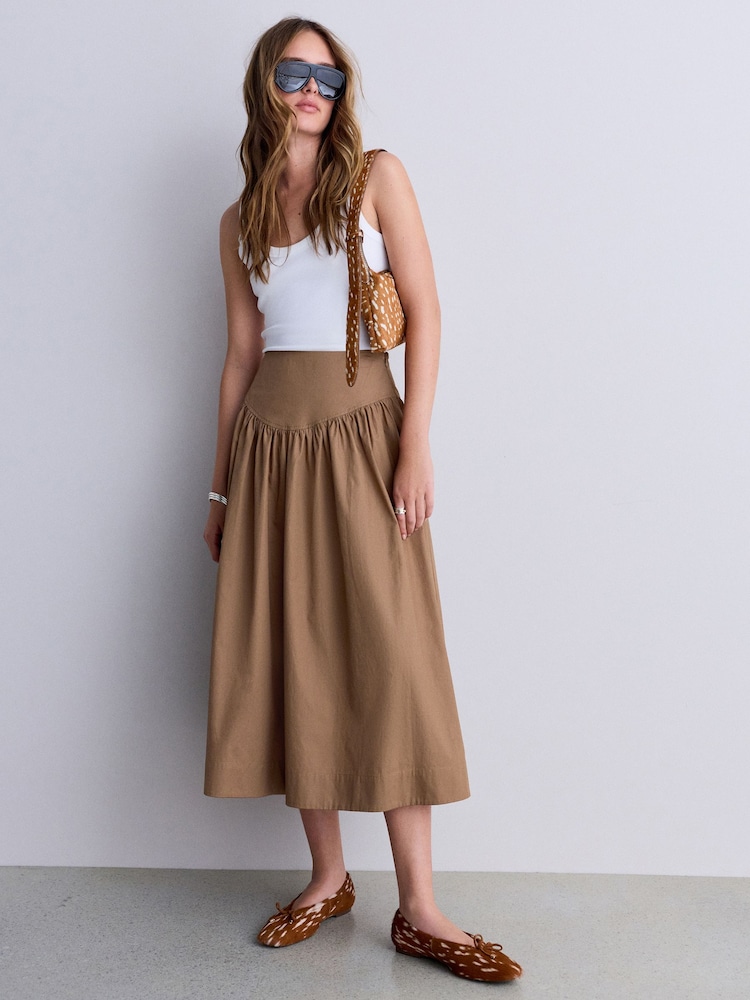Tan Brown Cotton Poplin Drop Waist Midi Skirt - Image 1 of 8 Tan Brown Cotton Poplin Drop Waist Midi Skirt - Image 1 of 8