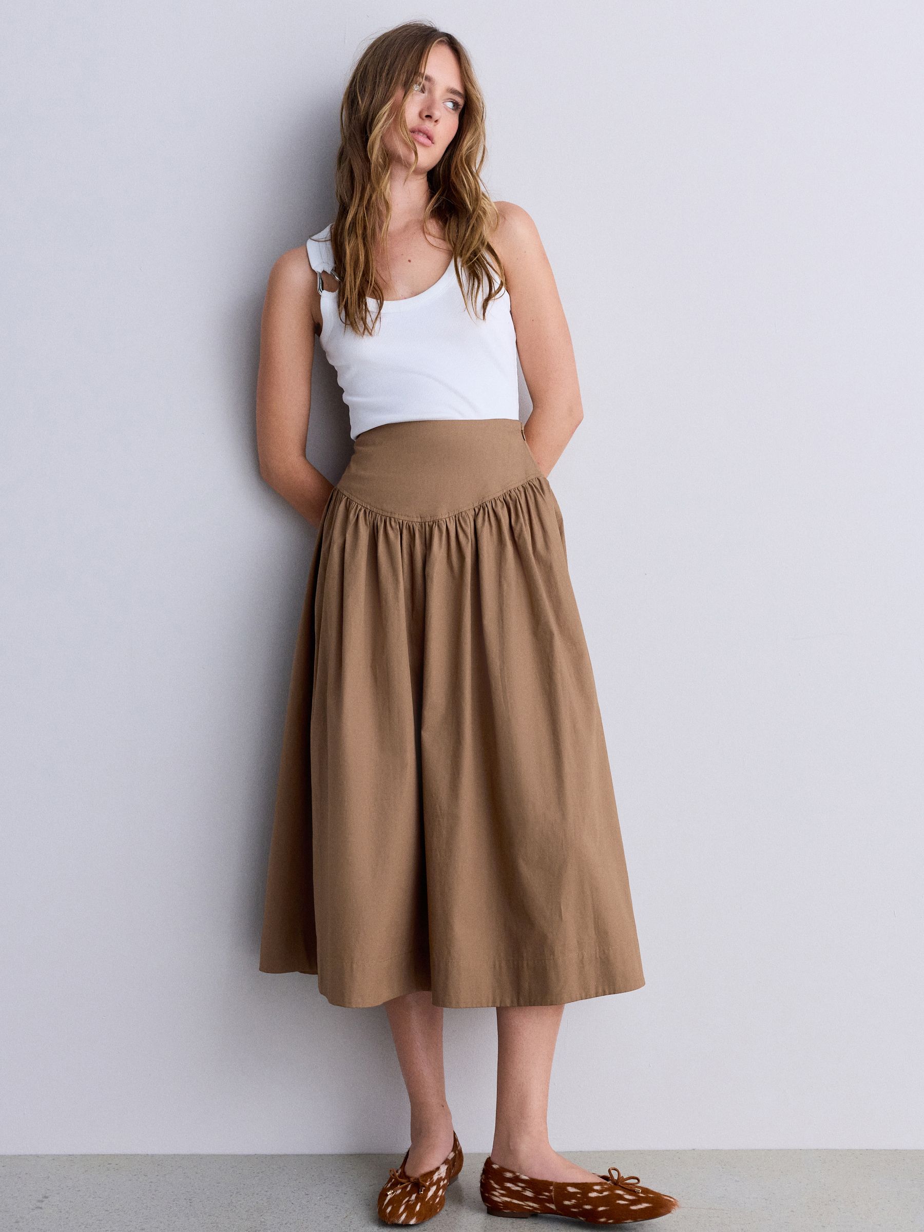Buy Tan Brown Cotton Poplin Drop Waist Midi Skirt from Next USA