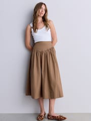 Tan Brown Cotton Poplin Drop Waist Midi Skirt - Image 3 of 8