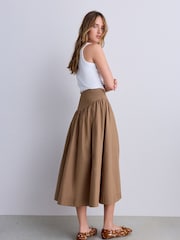 Tan Brown Cotton Poplin Drop Waist Midi Skirt - Image 4 of 8