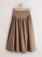 Tan Brown Cotton Poplin Drop Waist Midi Skirt - Image 6 of 8