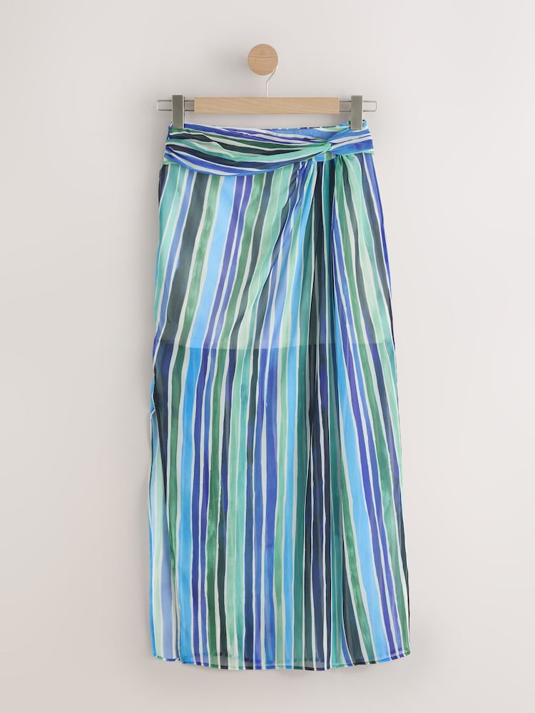 Green/Blue Stripe Mesh Maxi Sarong Skirt - Image 1 of 5