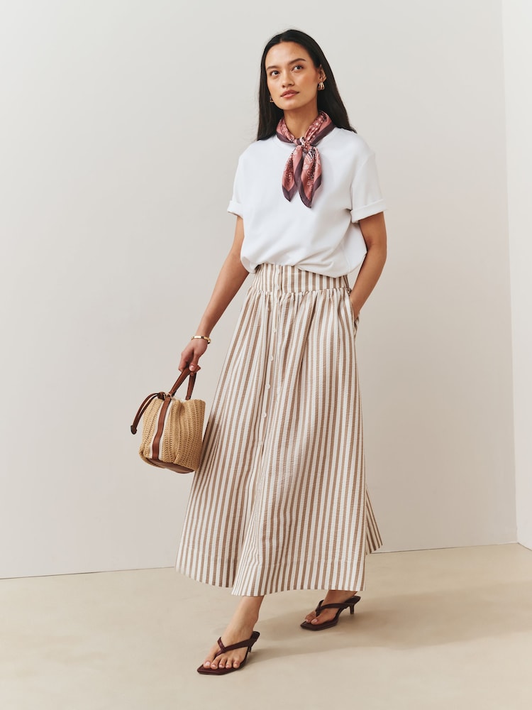 Neutral Stripe Button Down Maxi Skirt - Image 1 of 5 Neutral Stripe Button Down Maxi Skirt - Image 1 of 5