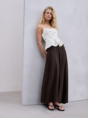 بني - تنورة ماكسي من مزيج كتّان بخصر منسدل - صورة 1 من 8