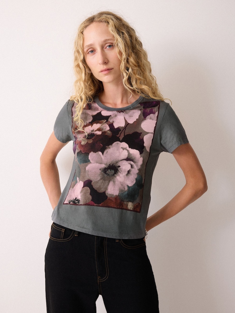 Jigsaw Grey Antique Floral Print T-Shirt - Image 1 of 4