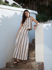 Neutral/Brown Stripe Dropwaist Linen Blend Maxi Skirt - Image 1 of 9