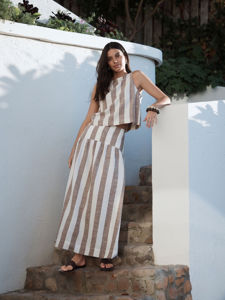 Neutral/Brown Stripe Dropwaist Linen Blend Maxi Skirt - Image 1 of 9