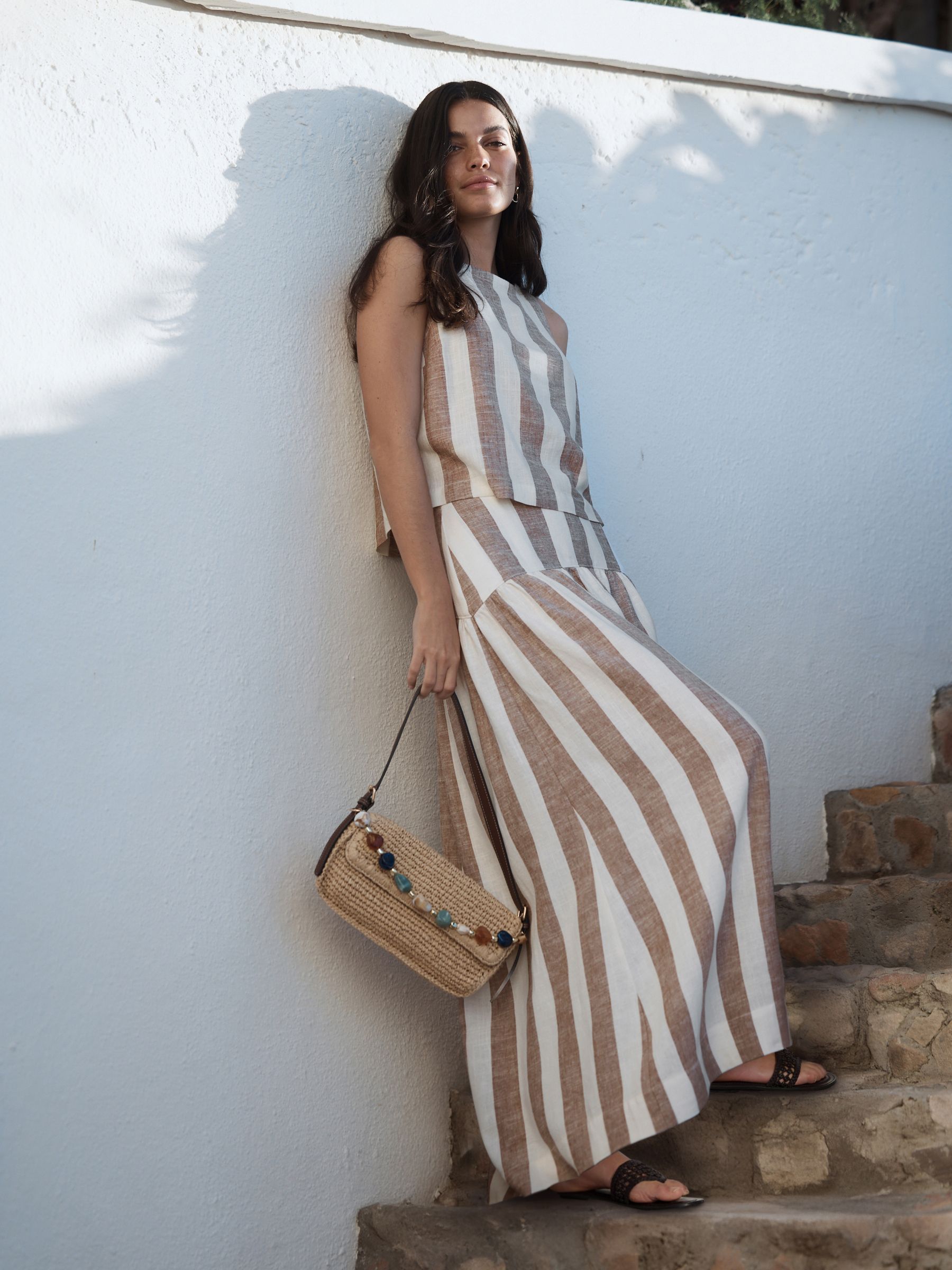 Buy Brown/Ecru Stripe Drop Waist Linen Blend Maxi Skirt from Next USA