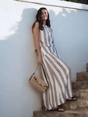 Neutral/Brown Stripe Dropwaist Linen Blend Maxi Skirt - Image 4 of 9
