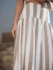 Neutral/Brown Stripe Dropwaist Linen Blend Maxi Skirt - Image 6 of 9