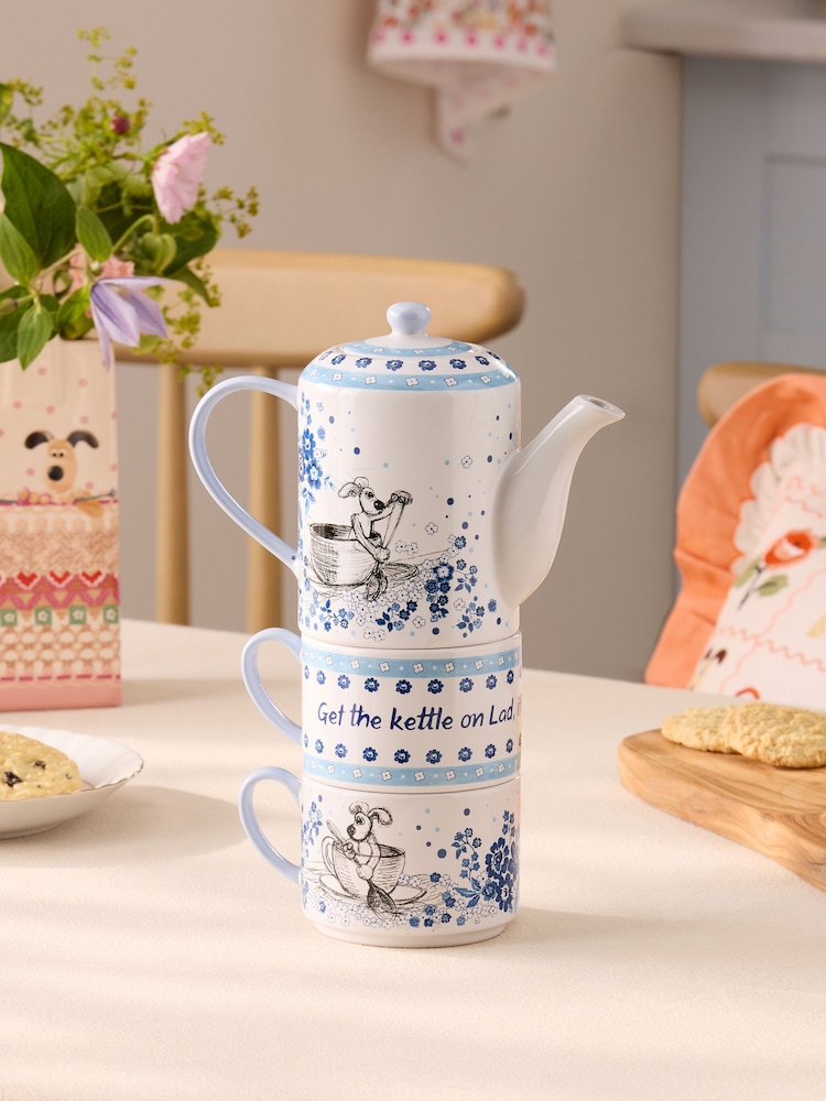 Cath Kidston Blue/White Wallace and Gromit Stackable Tea For Two - Image 1 of 8