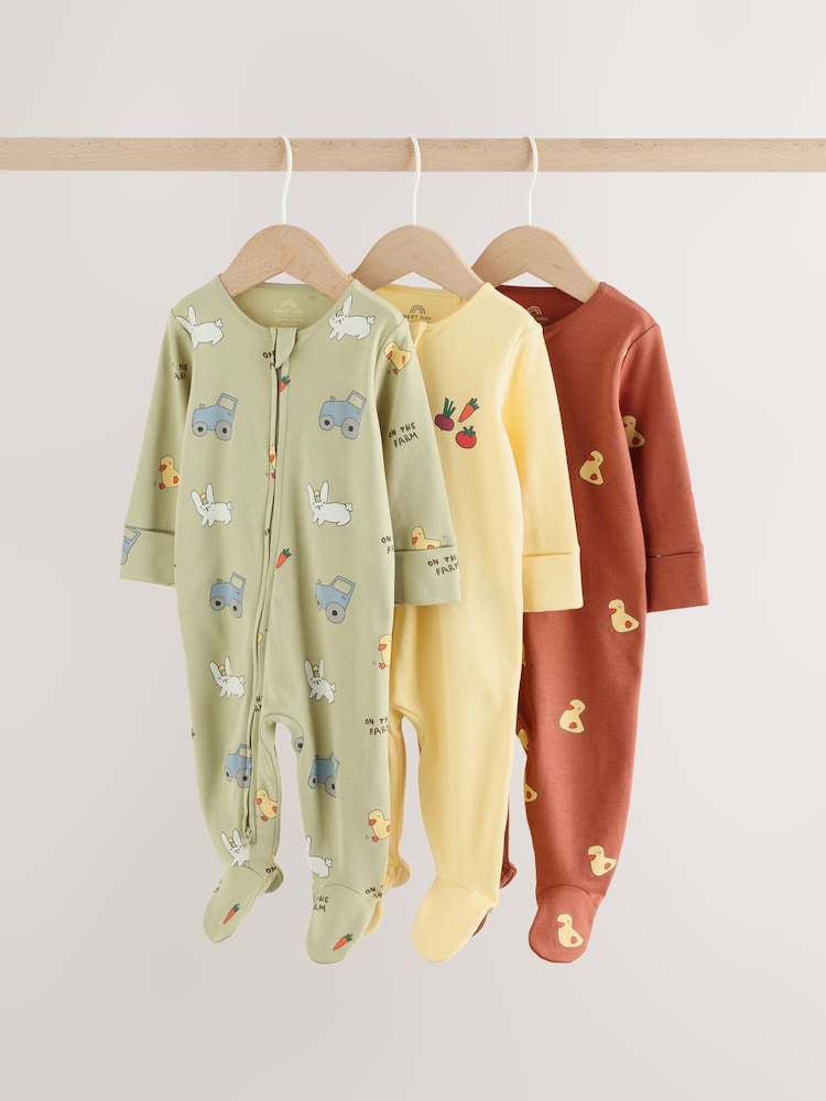 Yellow Farm Animals Two Way Zip Baby Sleepsuits 3 Pack (0mths-2yrs) - Image 1 of 14