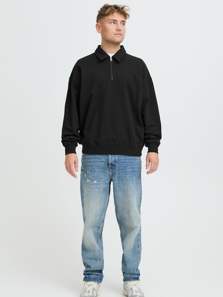 !Solid Black Relaxed Fit Half Zip Sweatshirt - Image 2 of 6 !Solid Black Relaxed Fit Half Zip Sweatshirt - Image 2 of 6