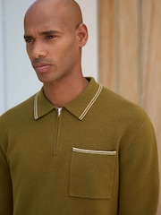 Olive Green N. Premium Tipped Long Sleeve Knitted Zip Neck Polo Shirt - Image 1 of 5