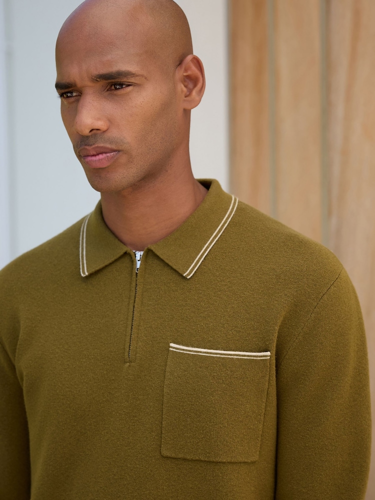 Olive Green N. Premium Tipped Long Sleeve Knitted Zip Neck Polo Shirt - Image 1 of 5 Olive Green N. Premium Tipped Long Sleeve Knitted Zip Neck Polo Shirt - Image 1 of 5