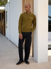 Olive Green N. Premium Tipped Long Sleeve Knitted Zip Neck Polo Shirt - Image 2 of 5