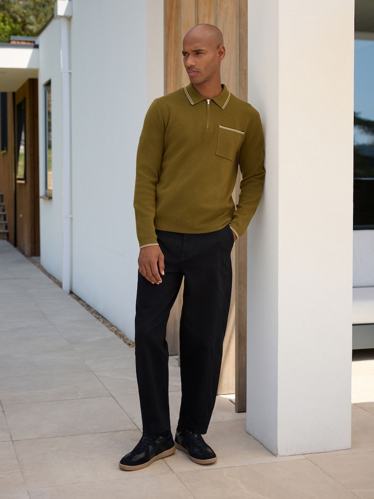Olive Green N. Premium Tipped Long Sleeve Knitted Zip Neck Polo Shirt - Image 2 of 5 Olive Green N. Premium Tipped Long Sleeve Knitted Zip Neck Polo Shirt - Image 2 of 5