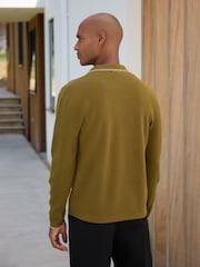 Olive Green N. Premium Tipped Long Sleeve Knitted Zip Neck Polo Shirt - Image 3 of 5
