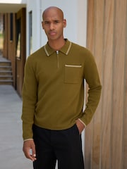 Olive Green N. Premium Tipped Long Sleeve Knitted Zip Neck Polo Shirt - Image 4 of 5