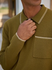 Olive Green N. Premium Tipped Long Sleeve Knitted Zip Neck Polo Shirt - Image 5 of 5
