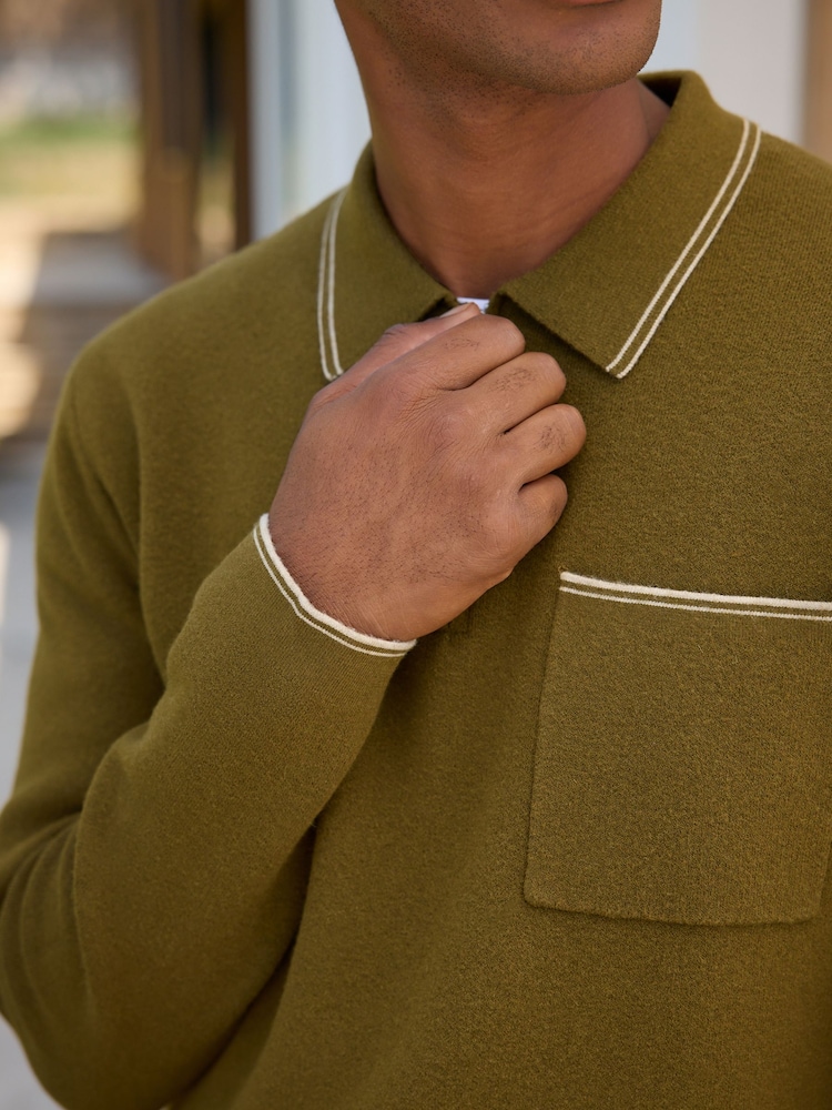 Olive Green N. Premium Tipped Long Sleeve Knitted Zip Neck Polo Shirt - Image 5 of 5 Olive Green N. Premium Tipped Long Sleeve Knitted Zip Neck Polo Shirt - Image 5 of 5