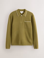 Olive Green N. Premium Tipped Long Sleeve Knitted Zip Neck Polo Shirt - Image 6 of 8