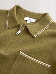 Olive Green N. Premium Tipped Long Sleeve Knitted Zip Neck Polo Shirt - Image 7 of 8