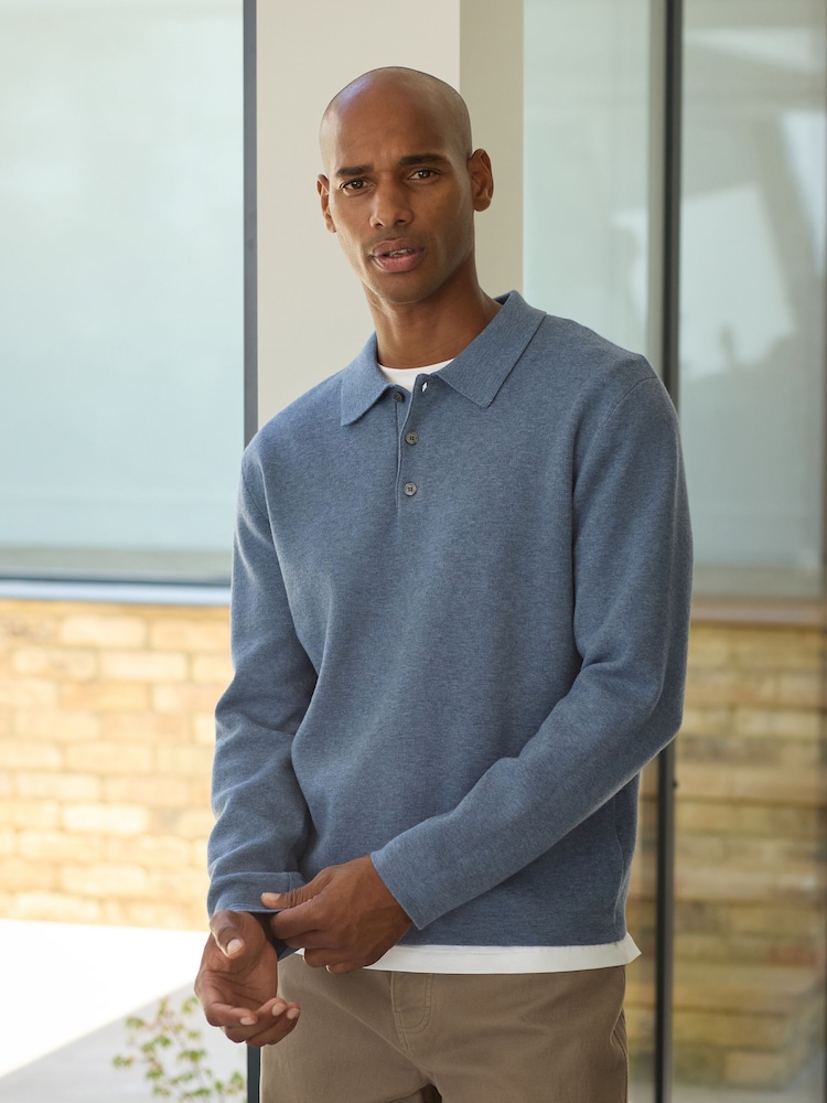 Light Blue Ultrasoft Smart knitted Polo Shirt with Wool - Image 1 of 5 Light Blue Ultrasoft Smart knitted Polo Shirt with Wool - Image 1 of 5