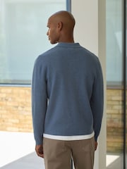 Light Blue Ultrasoft Smart knitted Polo Shirt with Wool - Image 3 of 5