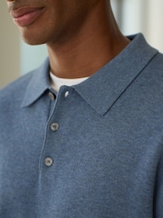 Light Blue Ultrasoft Smart knitted Polo Shirt with Wool - Image 4 of 5