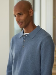 Light Blue Ultrasoft Smart knitted Polo Shirt with Wool - Image 5 of 5