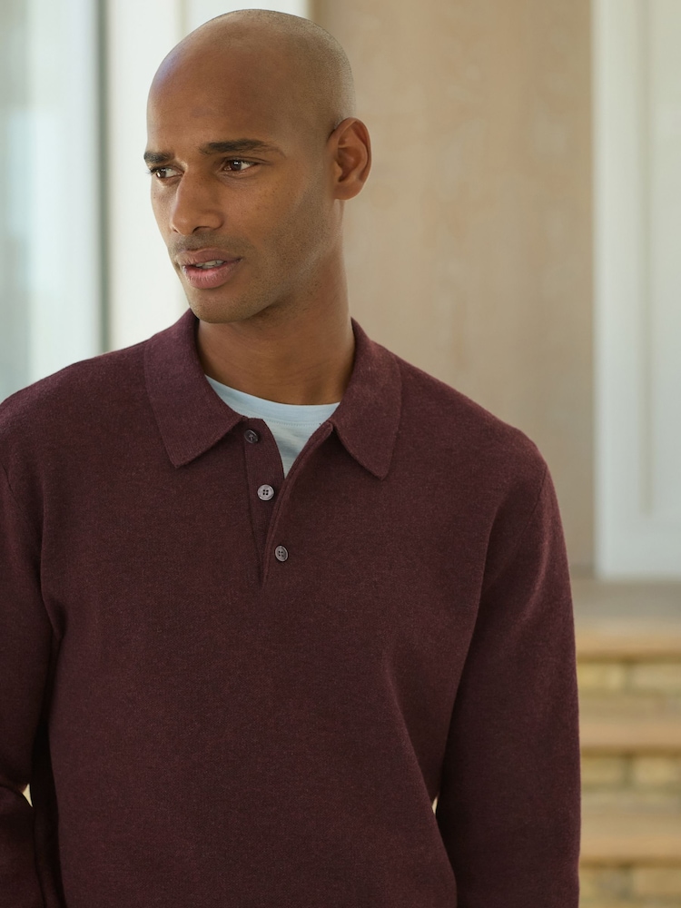 Burgundy Red Ultrasoft Smart knitted Polo Shirt with Wool - Image 1 of 8 Burgundy Red Ultrasoft Smart knitted Polo Shirt with Wool - Image 1 of 8