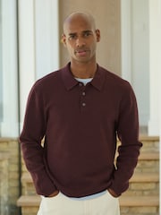 Burgundy Red Ultrasoft Smart knitted Polo Shirt with Wool - Image 5 of 8
