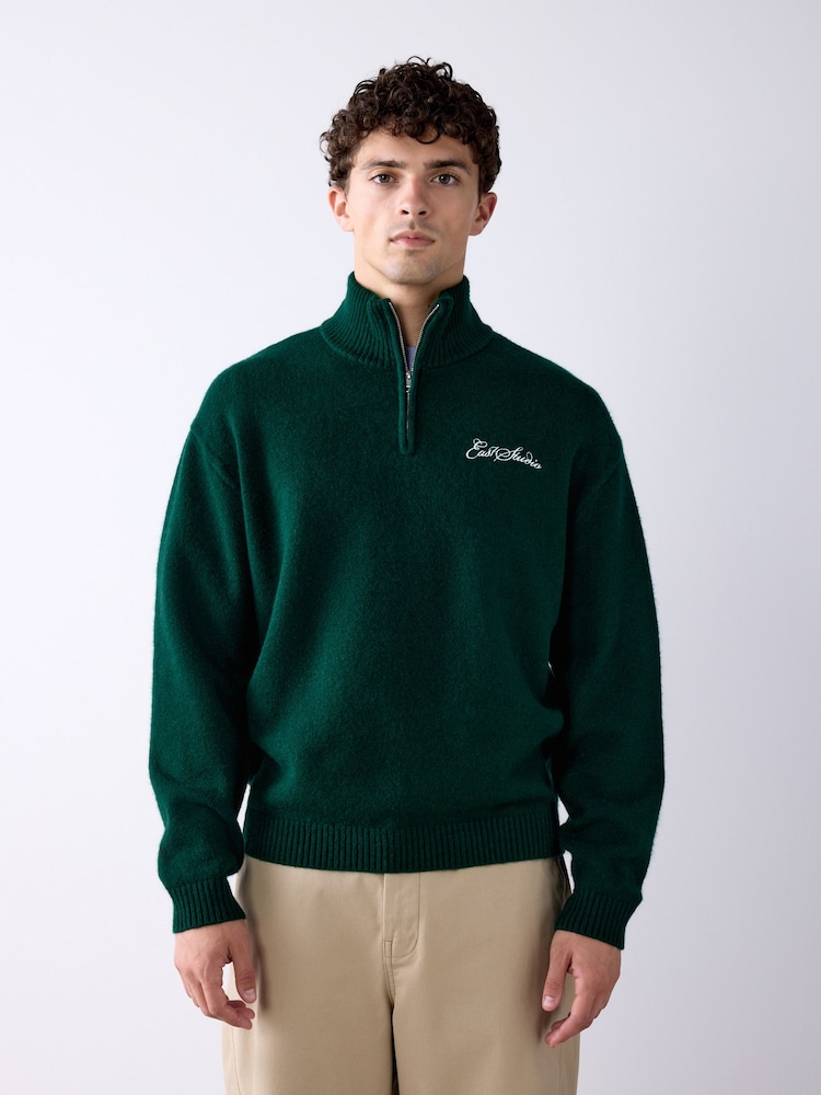Vert à motif graphique - Pull confortable décontracté à col zippé - Image 1 de 8