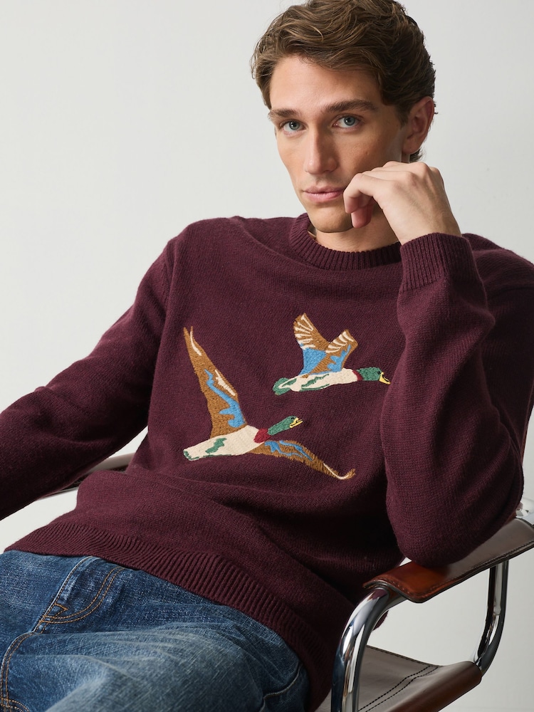 Burgundy Red Duck Graphic Knitted Crew Neck Jumper - Image 1 of 8 Burgundy Red Duck Graphic Knitted Crew Neck Jumper - Image 1 of 8