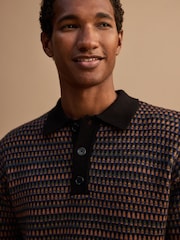 Navy Blue Geo Cosy Knit Long Sleeve Polo Shirt with Wool - Image 1 of 8