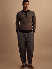 Navy Blue Geo Cosy Knit Long Sleeve Polo Shirt with Wool - Image 2 of 8