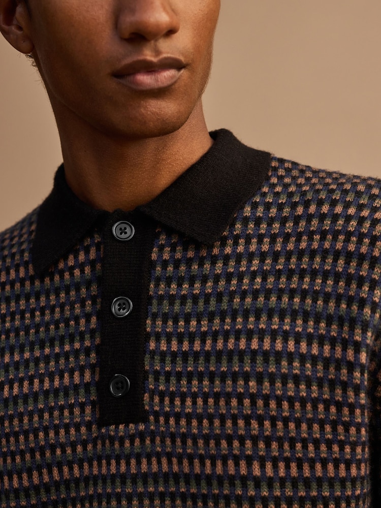 Navy Blue Geo Cosy Knit Long Sleeve Polo Shirt with Wool - Image 2 of 8 Navy Blue Geo Cosy Knit Long Sleeve Polo Shirt with Wool - Image 2 of 8